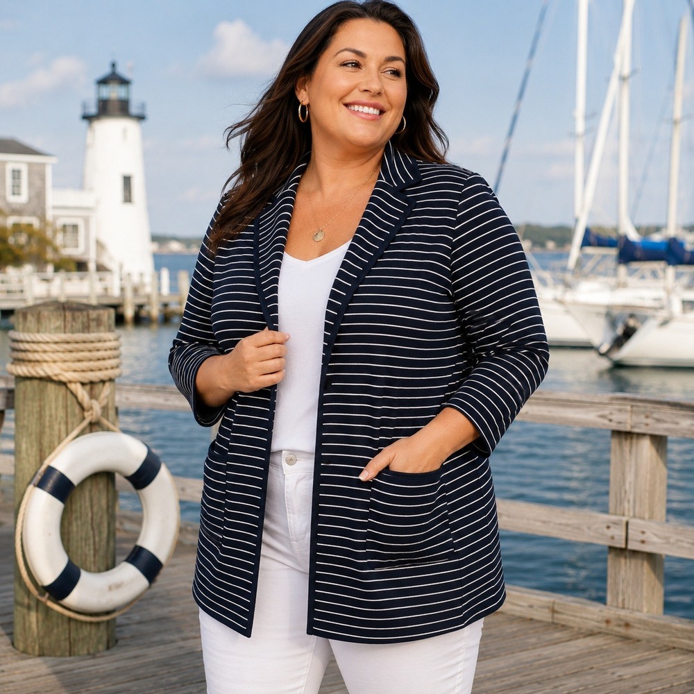 Talbots Striped Knit Open Blazer Jacket Plus Size 1X Navy White Stretch Nautical